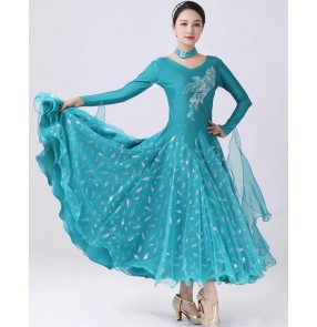 Women's peacock blue ballroom dance dresses for girls female adult waltz tango foxtrot smooth rhythm dancing long skirts for female